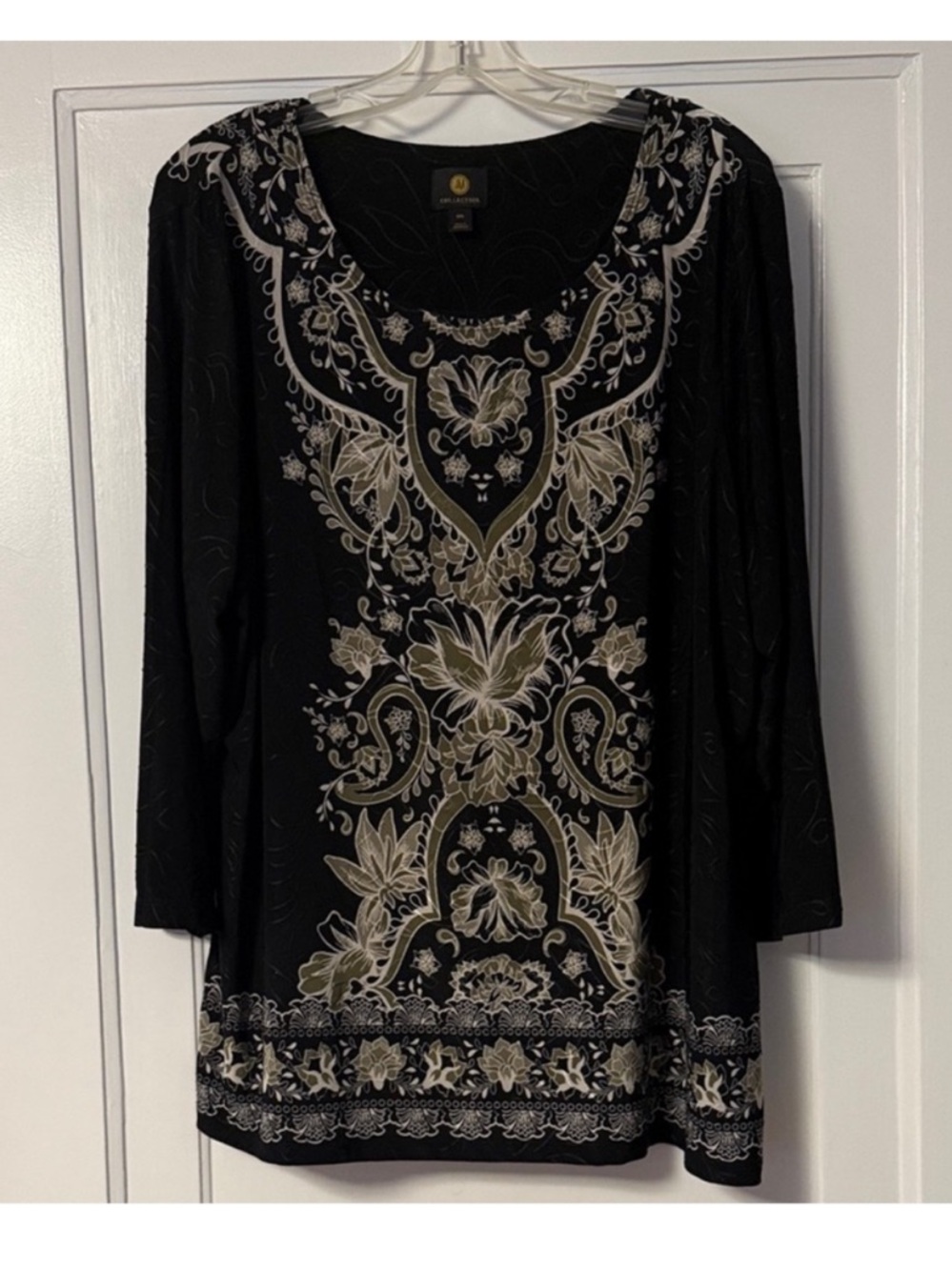JM Collection Size XXL Black & Cream Floral Boho Top 3/4 Sleeve | Work | Comfort